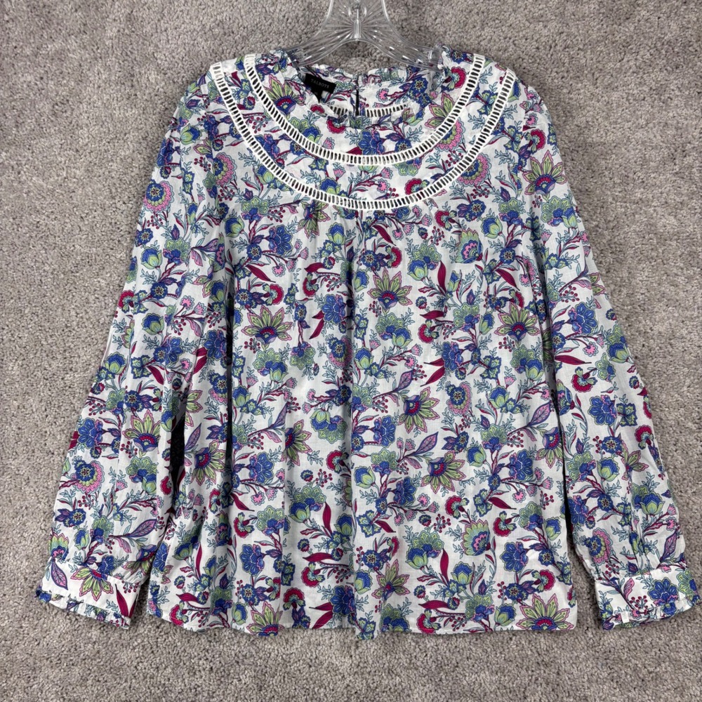 Talbots XL Womens Floral Cotton Blouse Long Sleeve Ladder Lace Trim White Blue